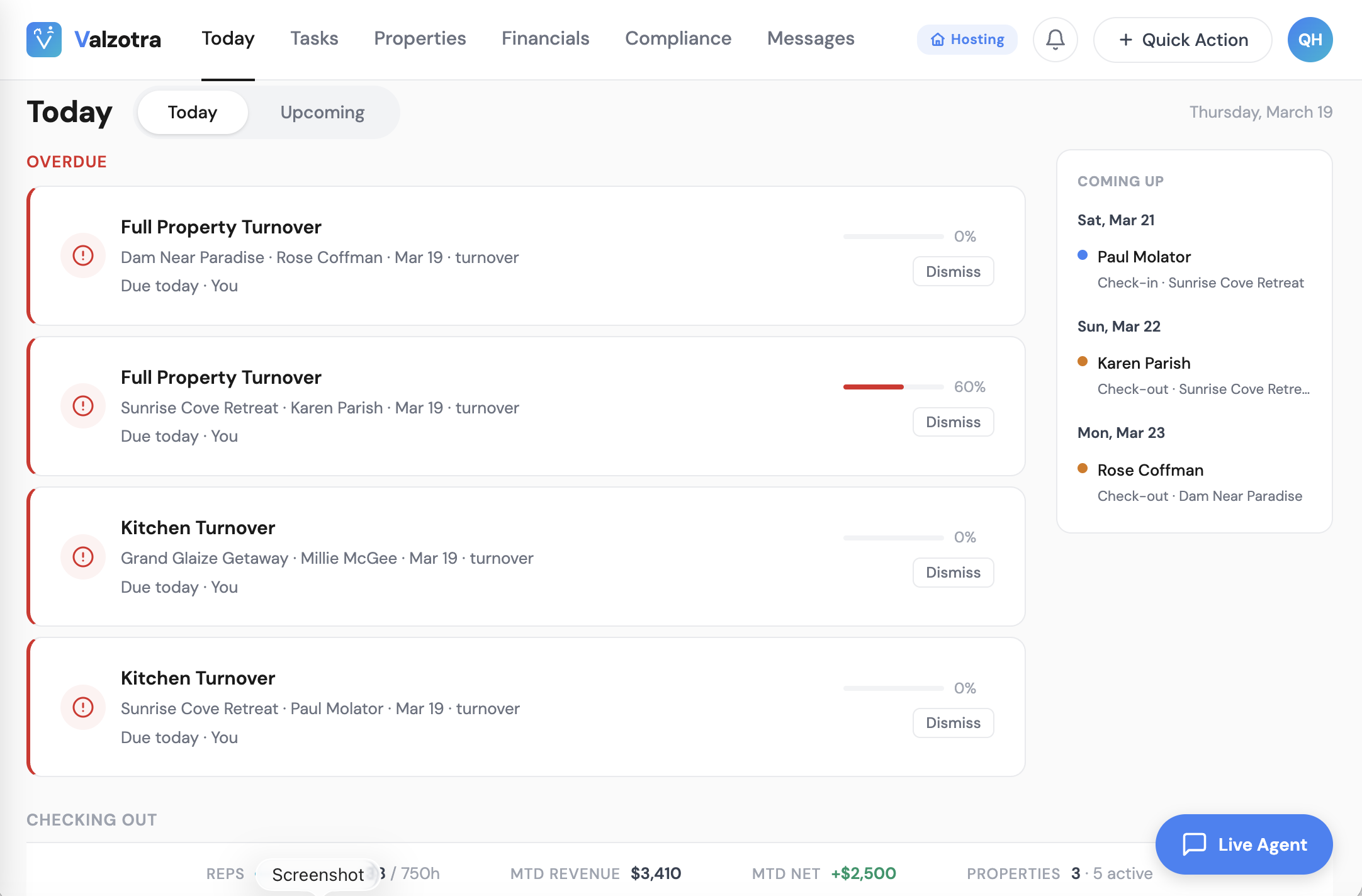 ArrivHQ Today dashboard with check-ins, tasks, and upcoming reservations
